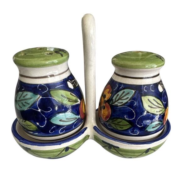 Deruta Italian Salt and Pepper Shakers Caddy Set Flowers and Fruit - Picture 2 of 10